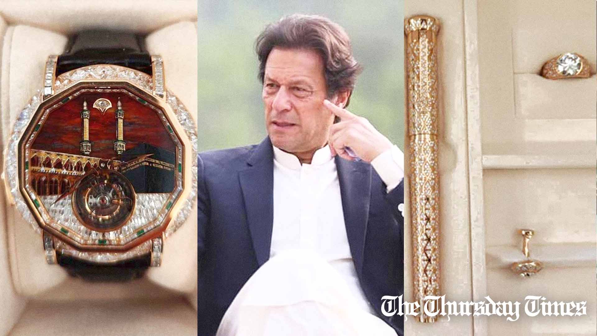 A combined file photo shows elements of the Toshakhana reference against Imran Khan, including a Graff La Mecca timepiece (L) and a gift set (R). — FILE/THE THURSDAY TIMES