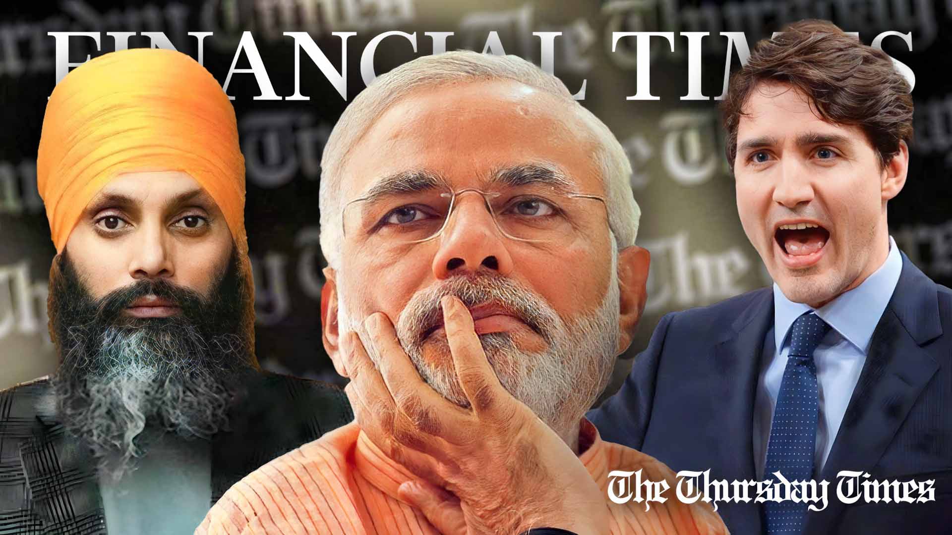 A file photo is shown of Khalistani activist Hardeep Singh Nijjar (L), Bharati prime minister Narendra Modi (C), and Canadian prime minister Justin Trudeau (R). — FILE/THE THURSDAY TIMES