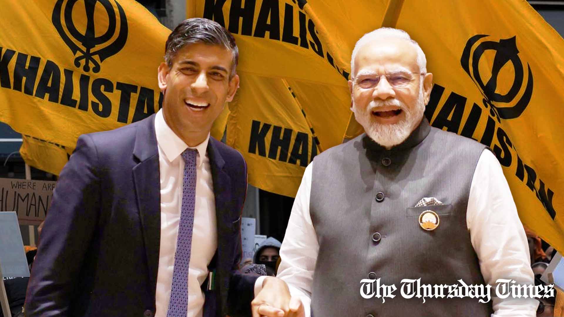 A file photo is shown of British prime minister Rishi Sunak (L) with Bharati prime minister Narendra Modi (R) atop a backdrop of a Khalistan protest. — FILE/THE THURSDAY TIMES