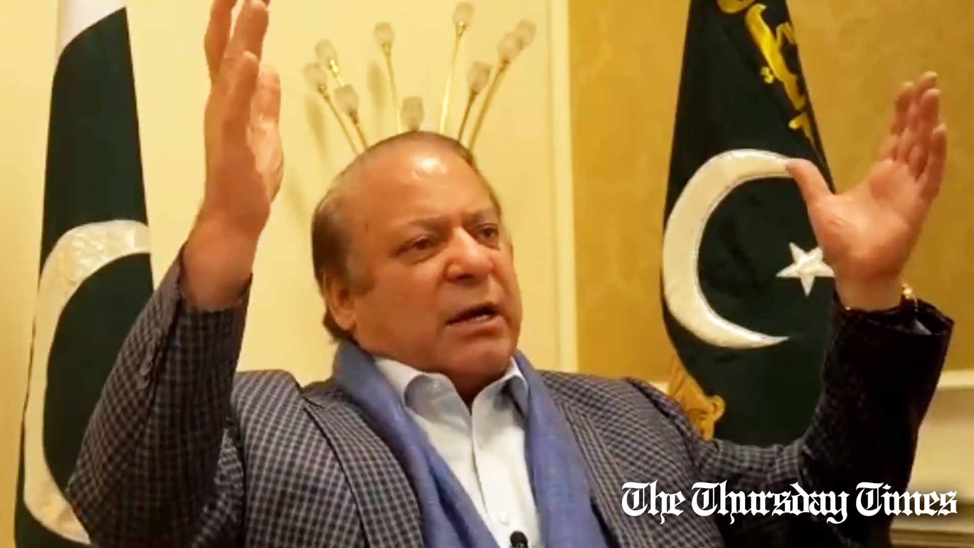 A file photo is shown of former prime minister Nawaz Sharif addressing a party convention from his London offices. — FILE/THE THURSDAY TIMES