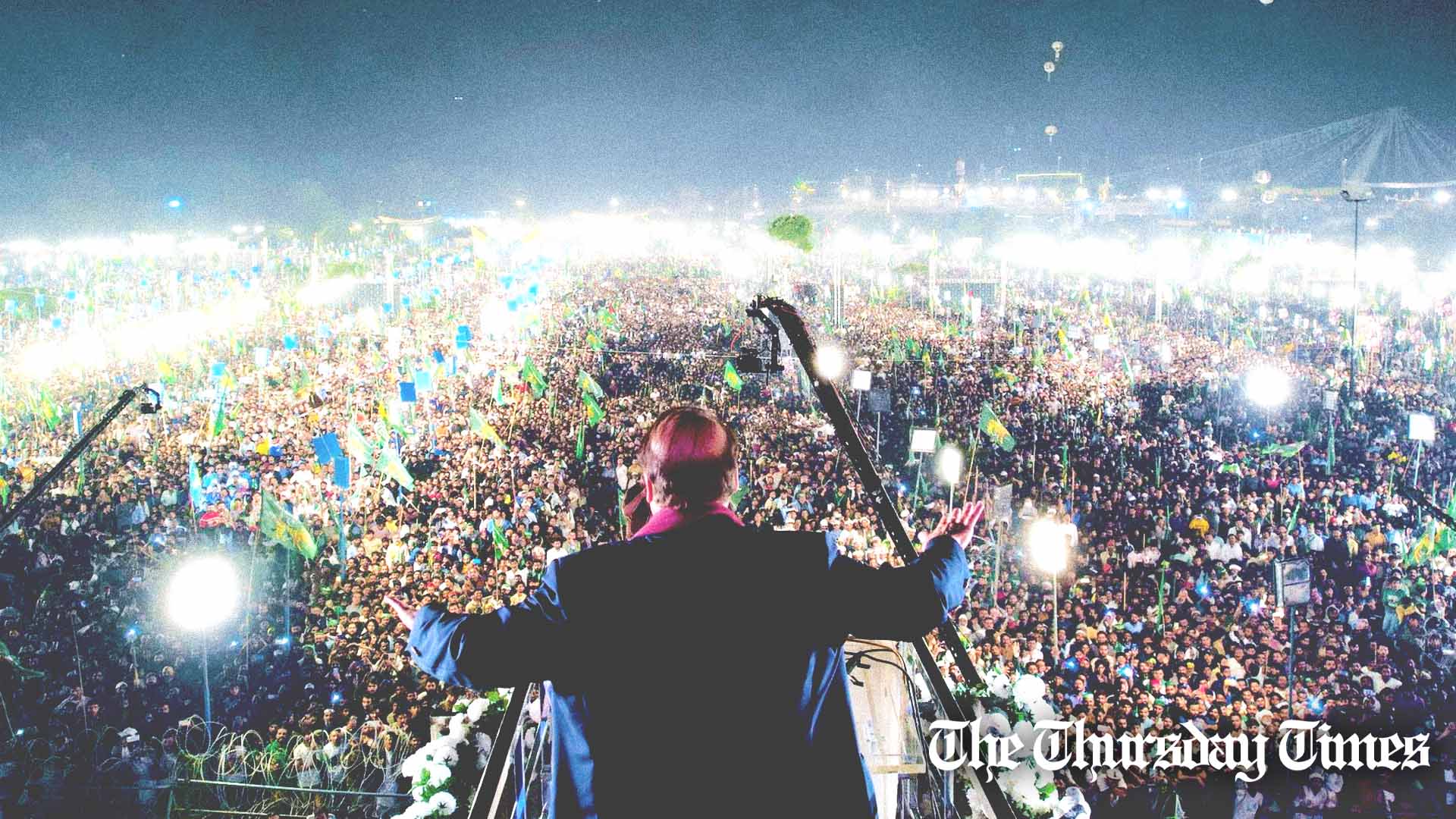 A file photo is shown of former prime minister Nawaz Sharif addressing supporters at Lahore's Minar-e-Pakistan on October 21, 2023. — FILE/THE THURSDAY TIMES