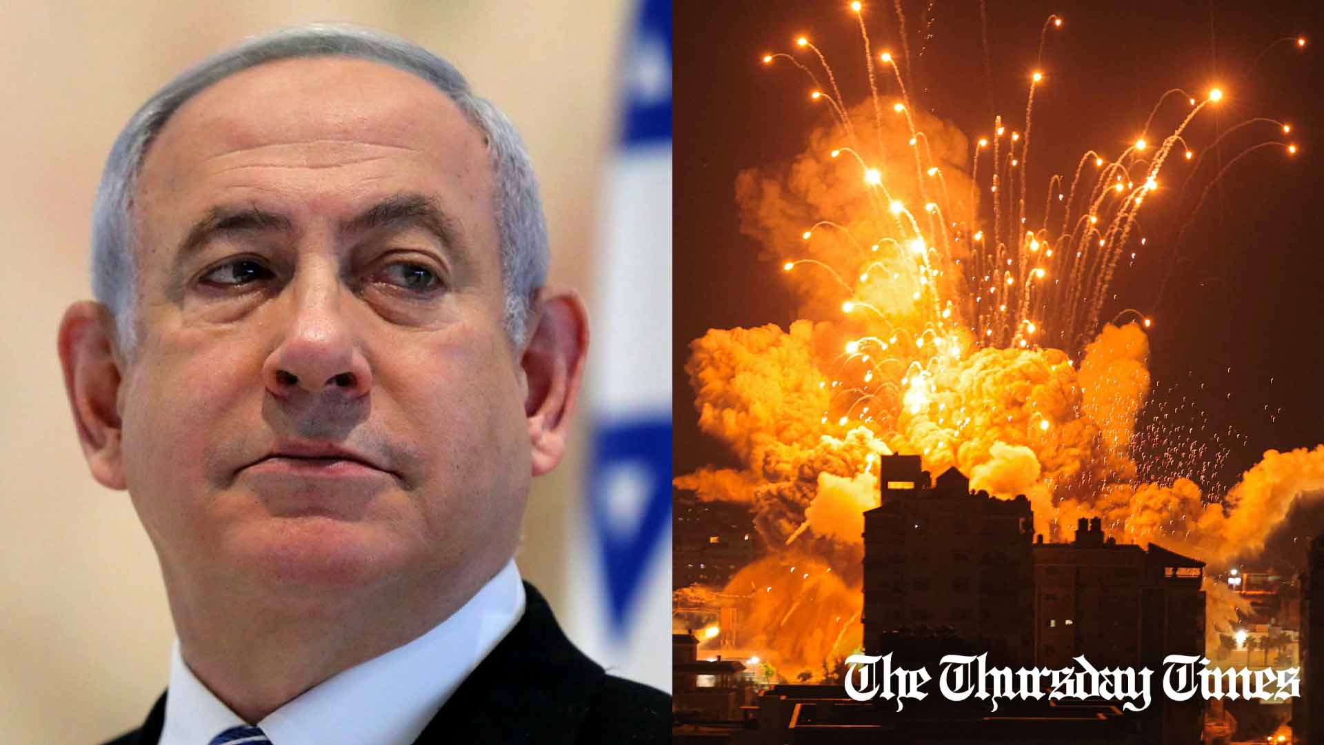 A combined file photo is shown of Israeli PM Benjamin Netanyahu (L) and airstrikes over the Gaza Strip (R). — FILE/THE THURSDAY TIMES