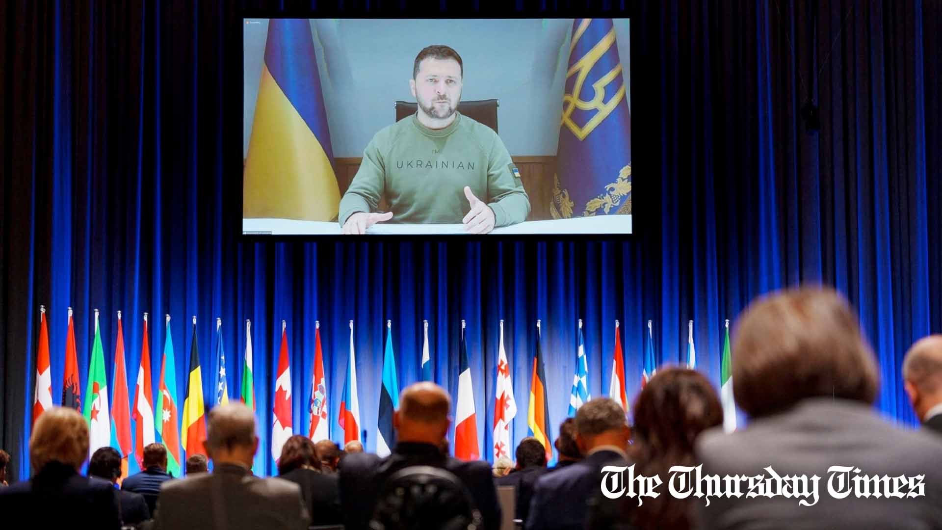 A file photo is shown of Ukrainian president Volodymyr Zelenskyy addressing the NATO Parliamentary Assembly at Copenhagen via videolink. — FILE/AFP