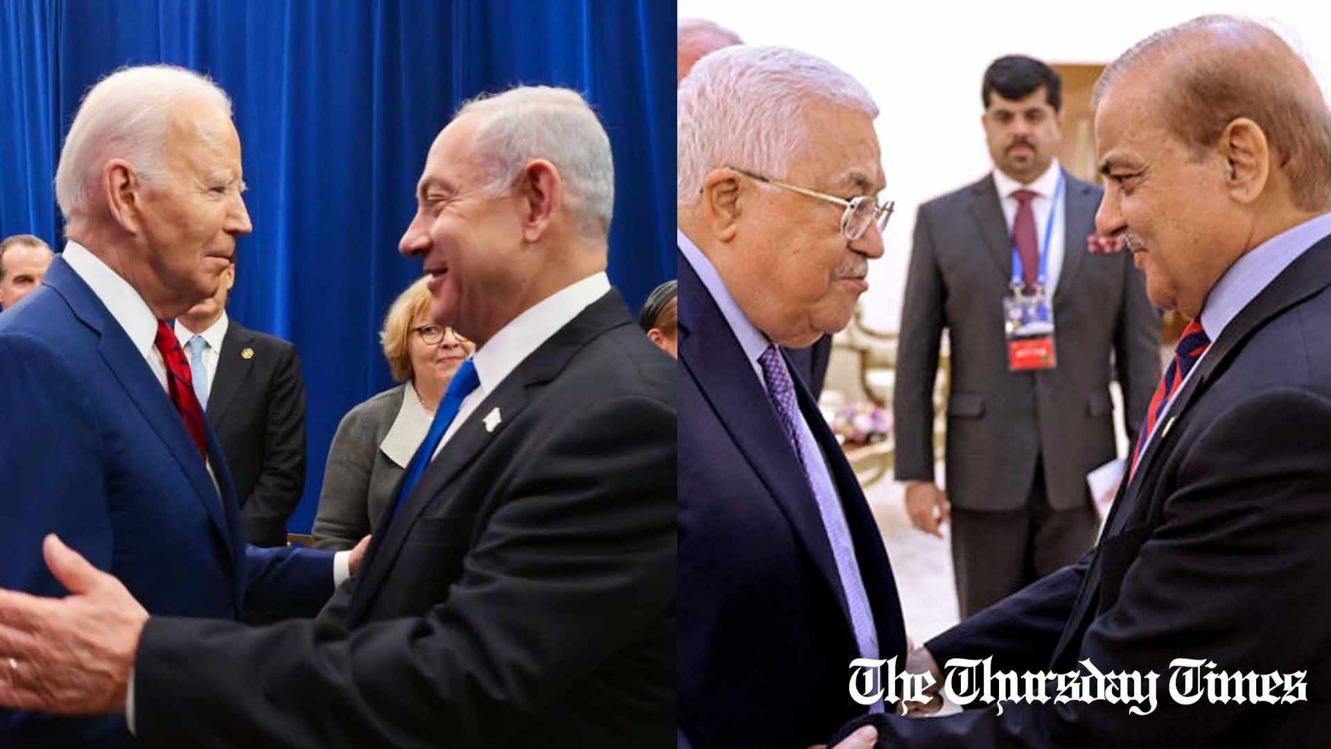 A combined file photo is shown of U.S. president Joe Biden with Israeli PM Benjamin Netanyahu (L) and Palestinian president Mahmoud Abbas with former Pakistani prime minister Shehbaz Sharif (R). — FILE/THE THURSDAY TIMES