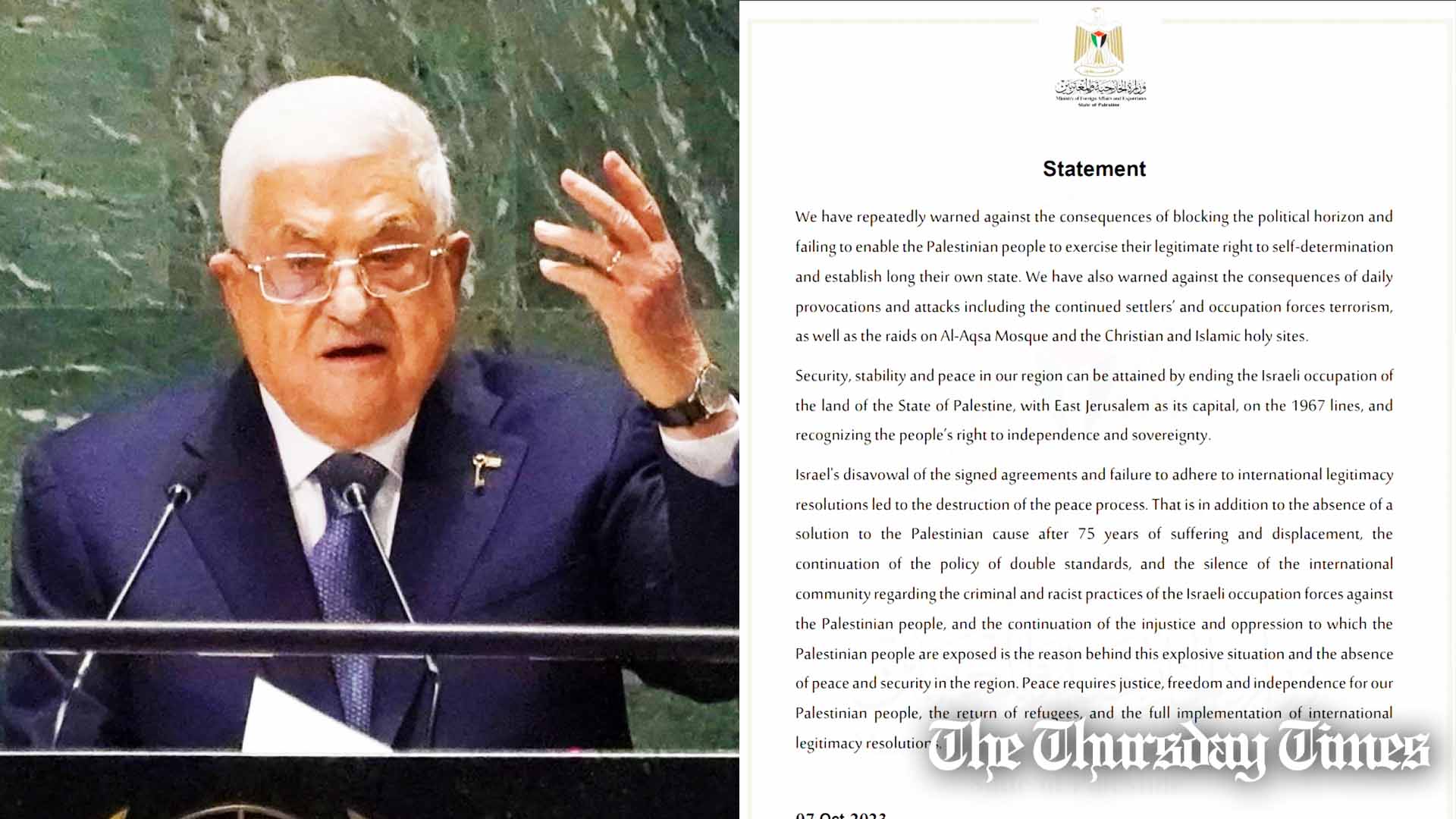 A combined file photo is shown of Palestinian president Mahmoud Abbas (L) and a statement dated October 7, 2023 from Palestine's MOFA (R). — FILE/THE THURSDAY TIMES
