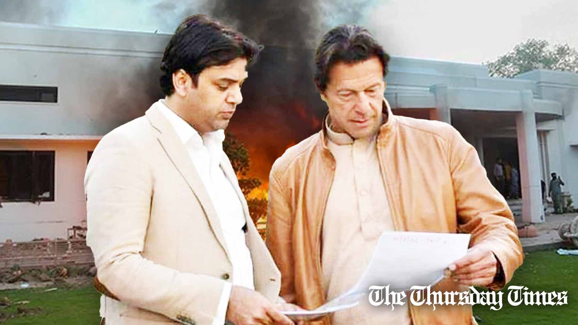 A file photo is shown of incumbent PTI chair Imran Khan (R) and former prime ministerial senior advisor Usman Dar (L) atop Jinnah House at Lahore. — FILE/THE THURSDAY TIMES