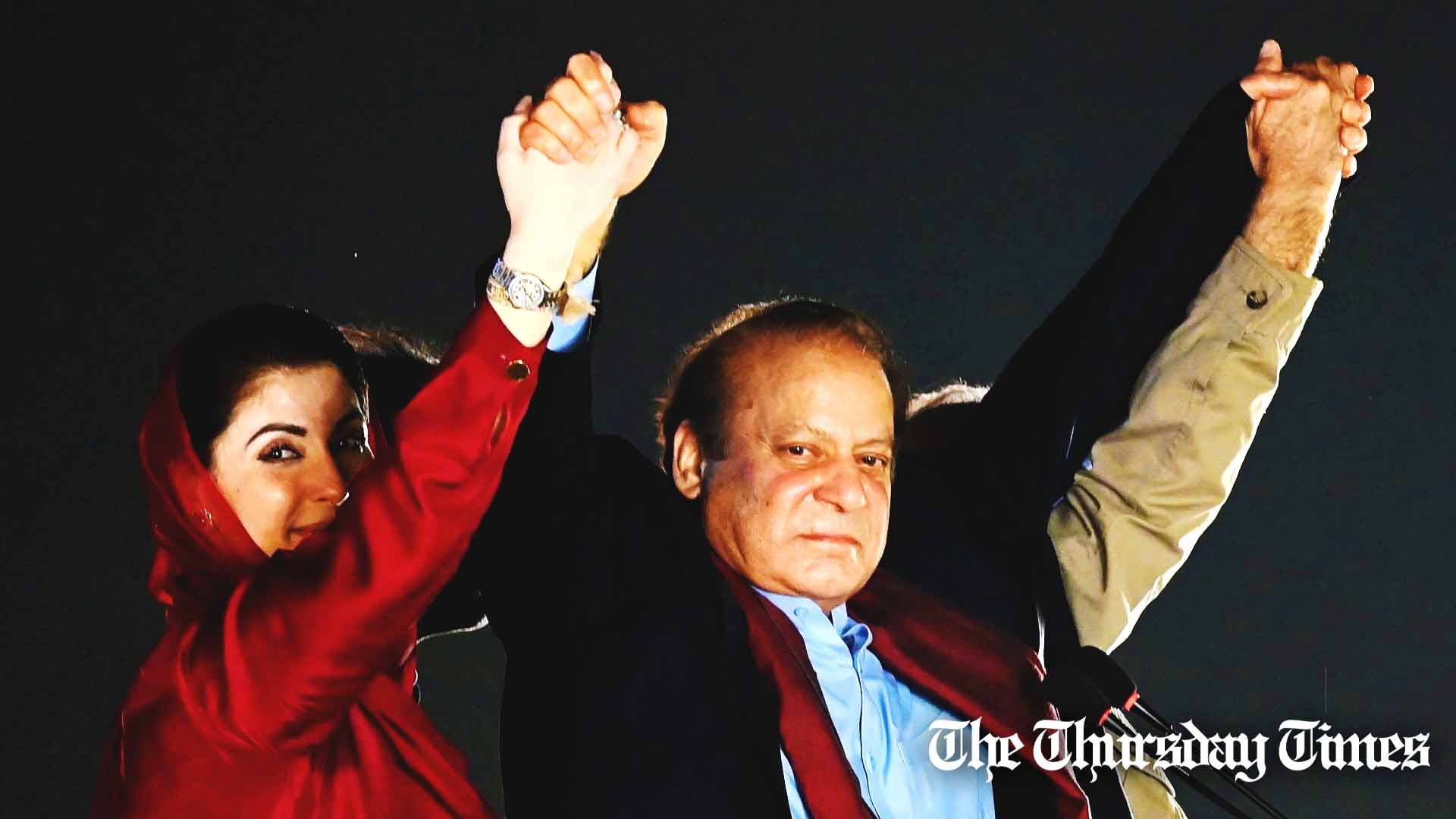 In this file photo, former prime minister Nawaz Sharif (centre) is shown alongside PML(N) senior vice president Maryam Nawaz (L) at Minar-e-Pakistan, Lahore, on October 21, 2023. — FILE/AFP