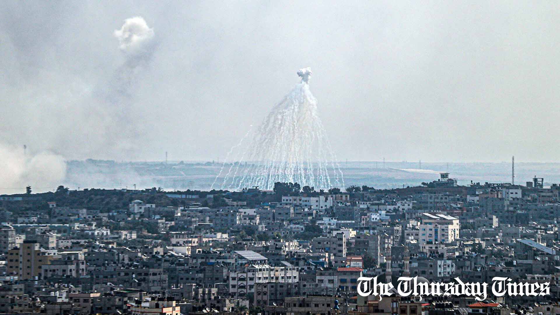 A file photo is shown of white phosphorus bombs being used over Gaza. — FILE/THE THURSDAY TIMES