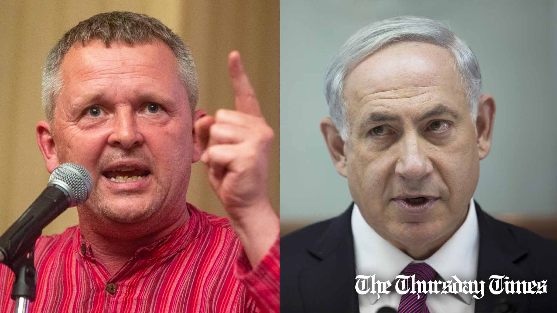 A combined file photo is shown of Irish TD Richard Boyd Barrett (L) and Israeli prime minister Benjamin Netanyahu (R). — FILE/THE THURSDAY TIMES