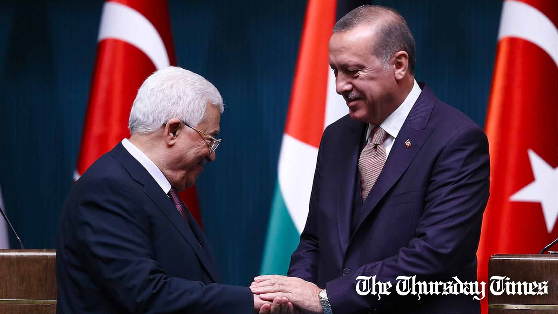 A file photo is shown of Palestinian president Mahmoud Abbas (L) with Turkish president Recep Tayyip Erdoğan (R). — FILE/THE THURSDAY TIMES