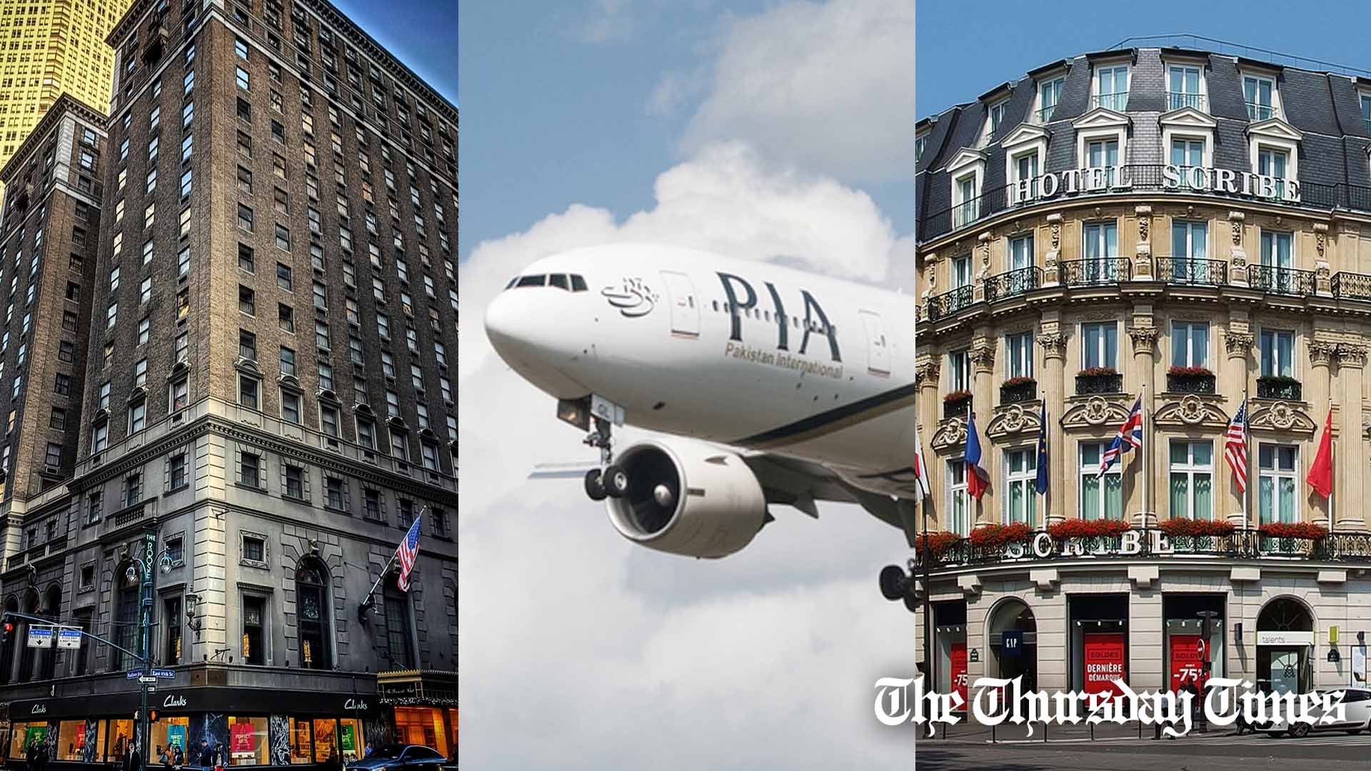 A combined file photo is shown of the Roosevelt Hotel in New York (L), a PIA plane (C), and the Hotel Scribe in Paris (R). — FILE/THE THURSDAY TIMES