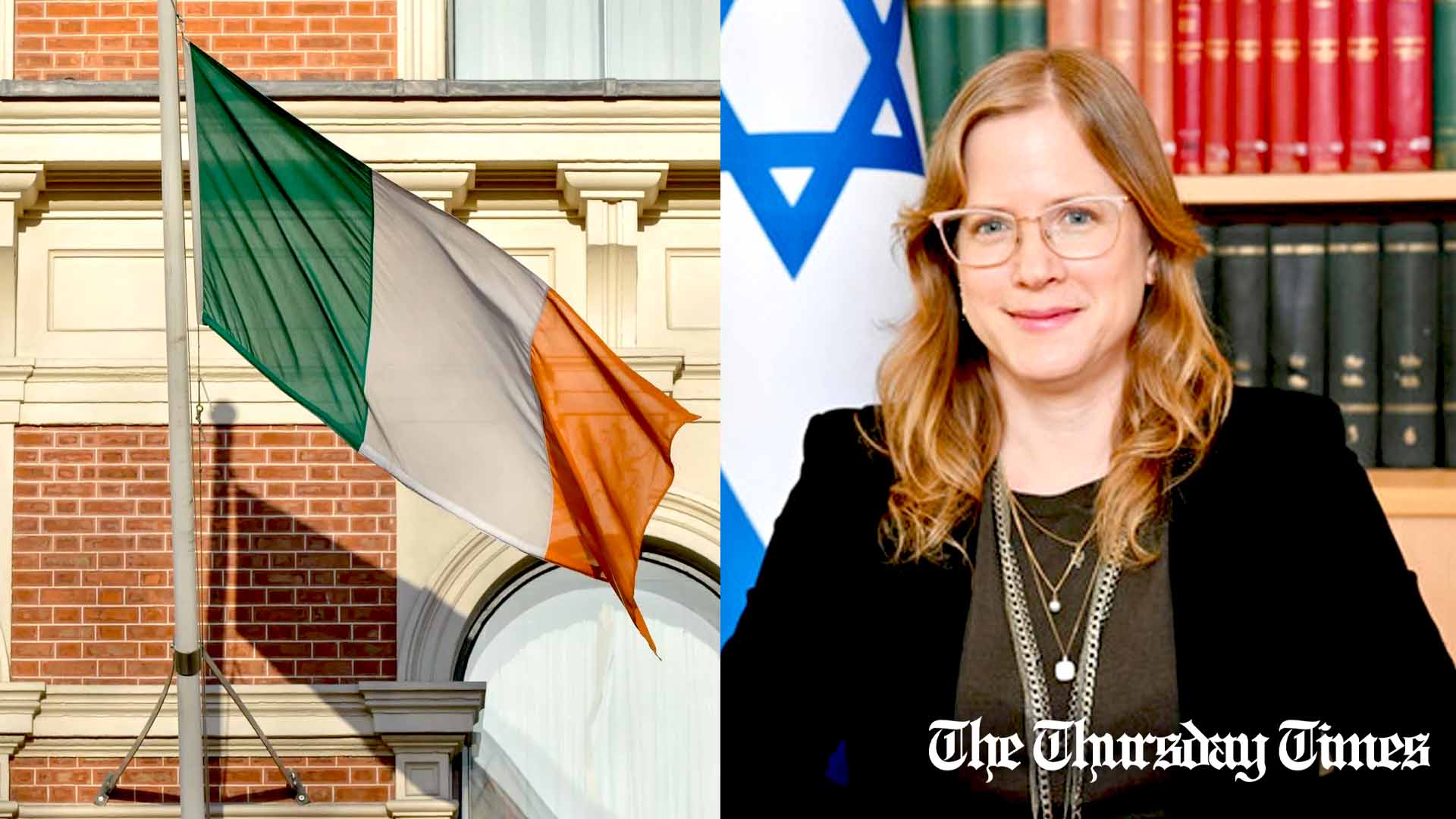 A combined file photo is shown of an Irish flag (L) and the Israeli ambassador to Ireland, Dana Erlich (R). — FILE/THE THURSDAY TIMES