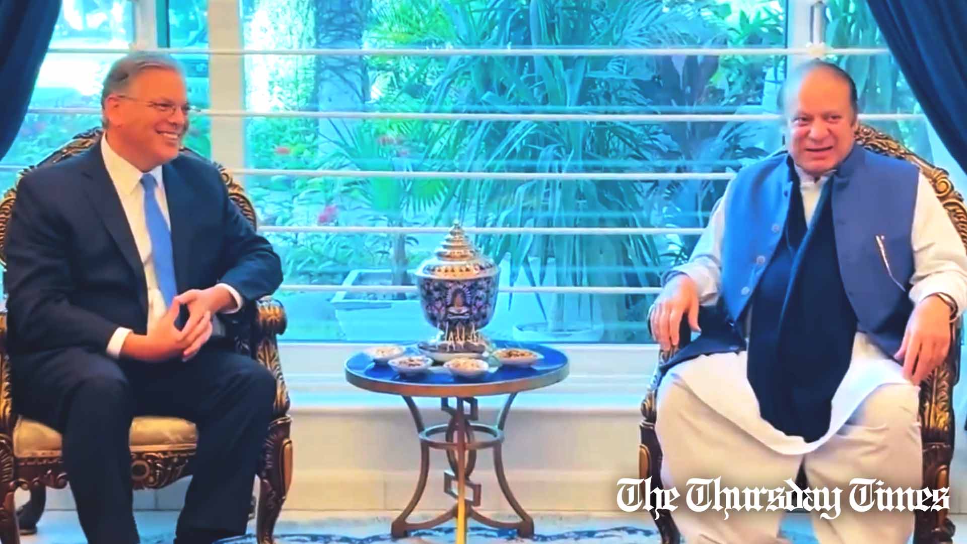 A file photo is shown of U.S. Ambassador to Pakistan Donald Blome (L) in conversation with PML(N) supremo and former Pakistani prime minister Nawaz Sharif (R). — FILE/THE THURSDAY TIMES