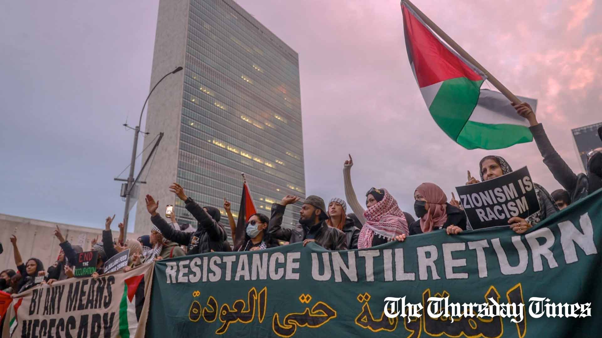 Pro-Palestinian demonstrators carry posters and flags as they protest the United Nations (UN) and United States Mission for not preventing Israel's attacks on Gaza in New York, United States on November 4, 2023. — FILE/ANADOLU