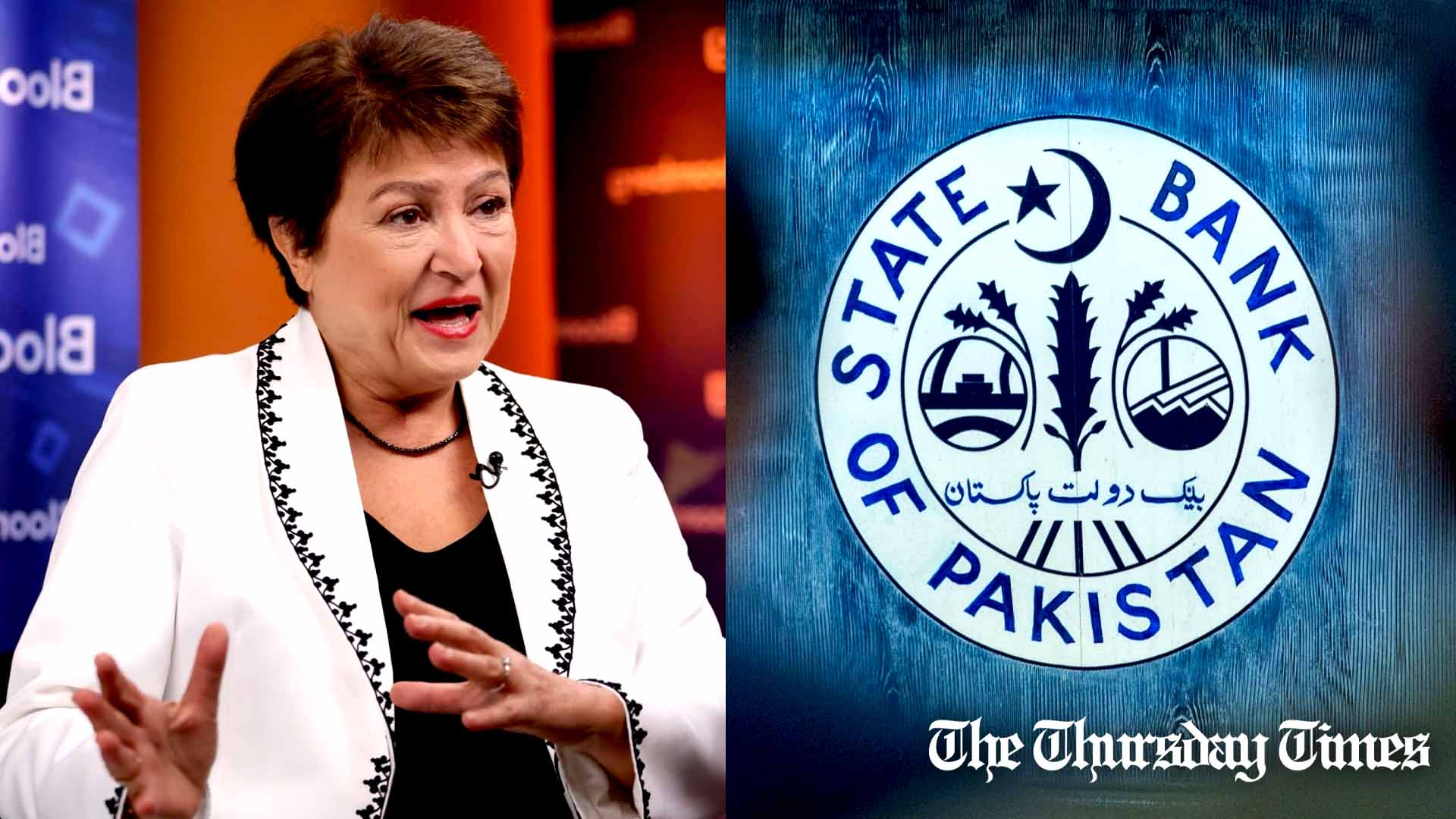 A file photo is shown of IMF MD Kristalina Georgieva (L) at Marrakesh on October 13, 2023 and the State Bank of Pakistan emblem at Karachi (R). — FILE/BLOOMBERG/THE THURSDAY TIMES