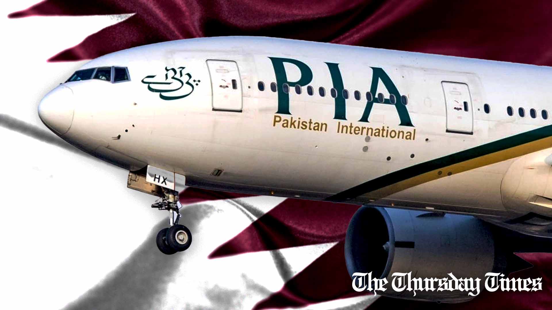 A PIA plane is shown atop a backdrop of the Qatari flag. — FILE/THE THURSDAY TIMES