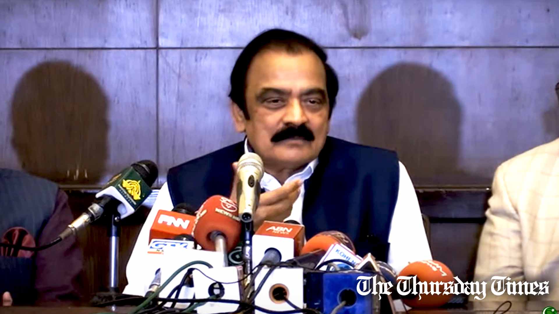 A file photo is shown of former interior minister Rana Sanaullah addressing a press conference at Lahore on November 18, 2023. — FILE/THE THURSDAY TIMES