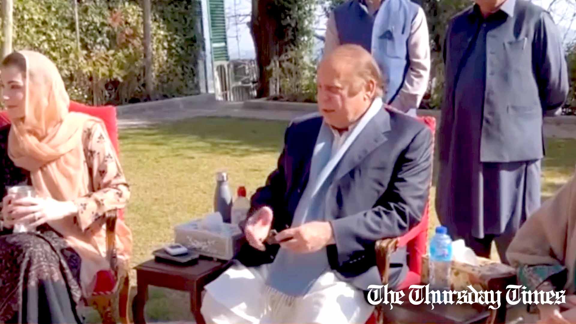 A file photo is shown of PML(N) supremo Nawaz Sharif (R) and PML(N) senior vice president Maryam Nawaz (L) at Murree on November 23, 2023. — FILE/THE THURSDAY TIMES