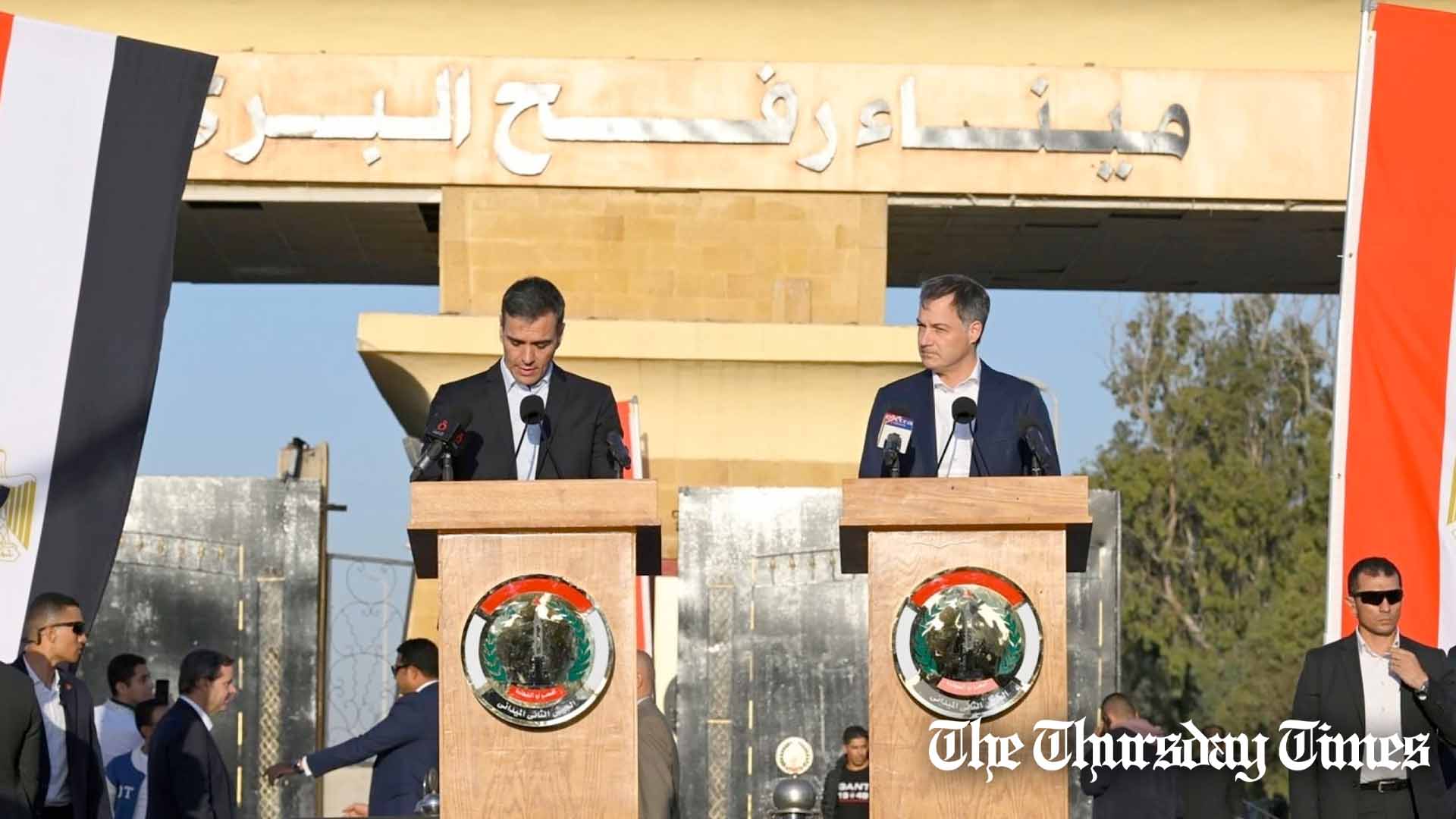 Belgian PM Alexander de Croo (L) stands alongside his Spanish counterpart Pedro Sanchez (R) at the Rafah border crossing in Egypt on November 24, 2023. — FILE/PHOTONEWS