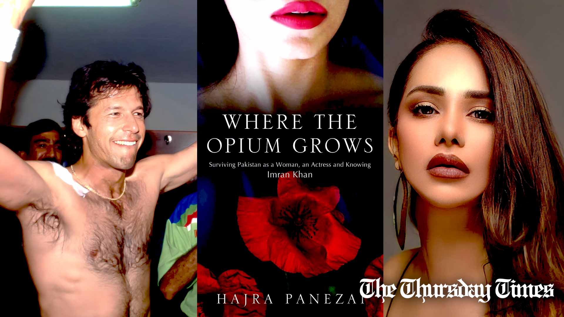 A combined file photo is shown of PTI chairman and former cricketer Imran Khan in 1992 (L), Hajra Khan's book, the cover of Where the Opium Grows (C) and actress Hajra Khan, also known as Hajra Panezai (R). — FILE/THE THURSDAY TIMES