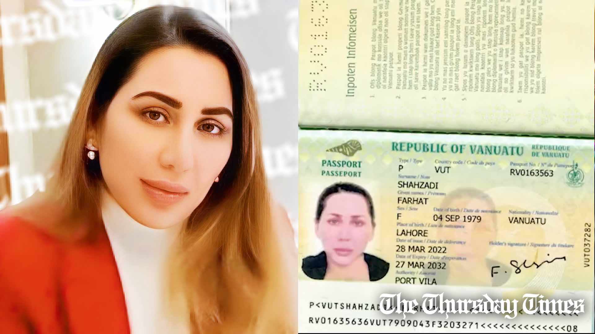 A combined file photo is shown of PTI associate Farhat Shahzadi, alias Farah Gogi (L) and a Vanuatu passport allegedly belonging to the aforementioned (R). — FILE/THE THURSDAY TIMES