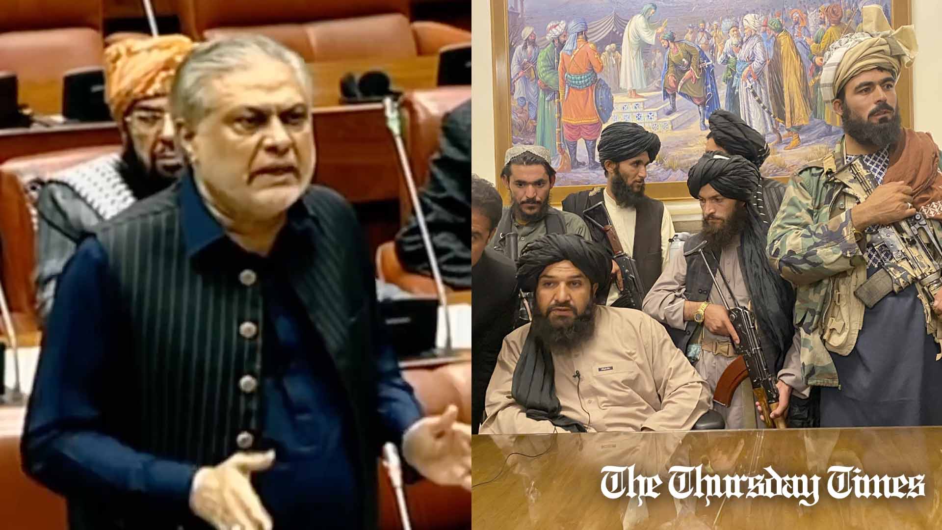 A combined file photo is shown of Senator Mohammad Ishaq Dar speaking at the Senate of Pakistan (L) and the Taliban government at Kabul (R). — FILE/THE THURSDAY TIMES