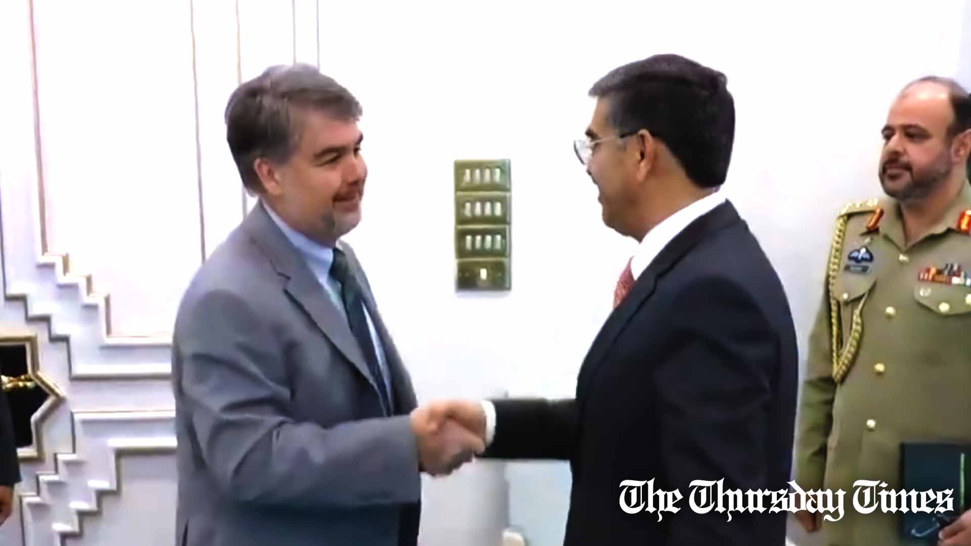 A file photo is shown of IMF mission chief to Pakistan, Nathan Porter (L) meeting with Pakistani prime minister Anwaar-ul-Haq Kakar (R) at Islamabad on November 15, 2023. — FILE/THE THURSDAY TIMES