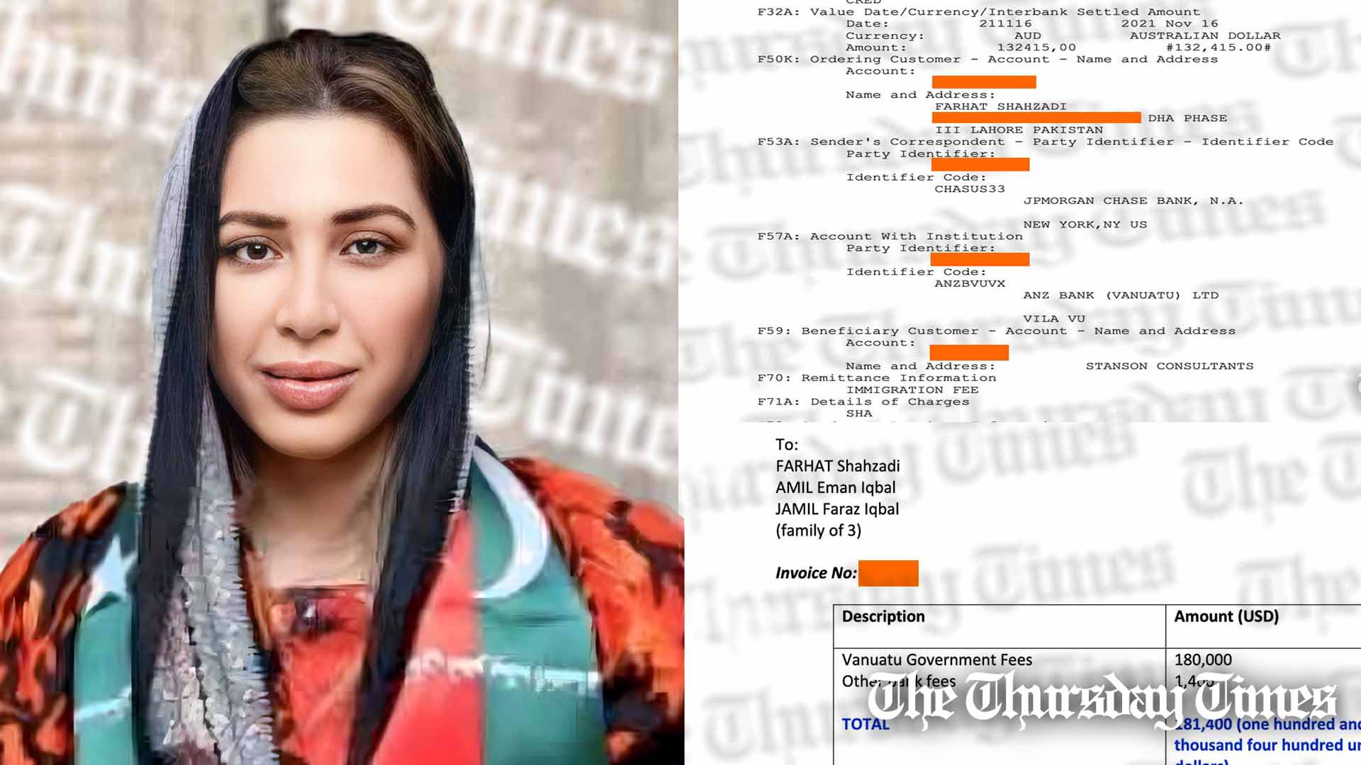 A combined file photo is shown of PTI associate Farhat Shahzadi, alias Farah Gogi (L) and exclusive documents indicating the purchase of a Vanuatu passport by Gogi (R). — FILE/THE THURSDAY TIMES