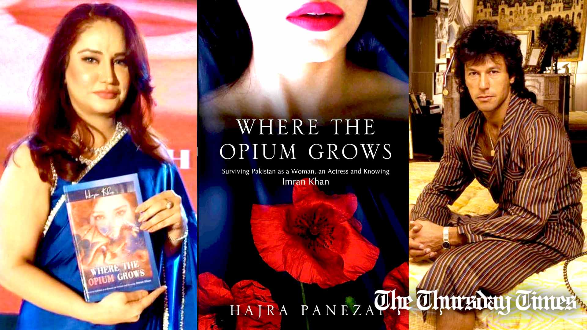A combined file photo is shown of actress Hajra Khan, also known as Hajra Panezai (L), the cover of her new book, Where the Opium Grows (C) and PTI chairman and former cricketer Imran Khan as a bachelor in the 1990s (R). — FILE/THE THURSDAY TIMES