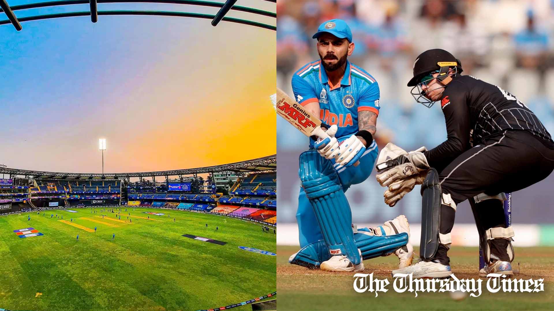 A combined file photo is shown of Wankhede Stadium at Mumbai (L) and India's Virat Kohli batting during the ICC Men's Cricket World Cup 2023 semi-final match between India and New Zealand on November 15, 2023 at Wankhede Stadium (R). — FILE/THE THURSDAY TIMES/ROBERT CIANFLONE