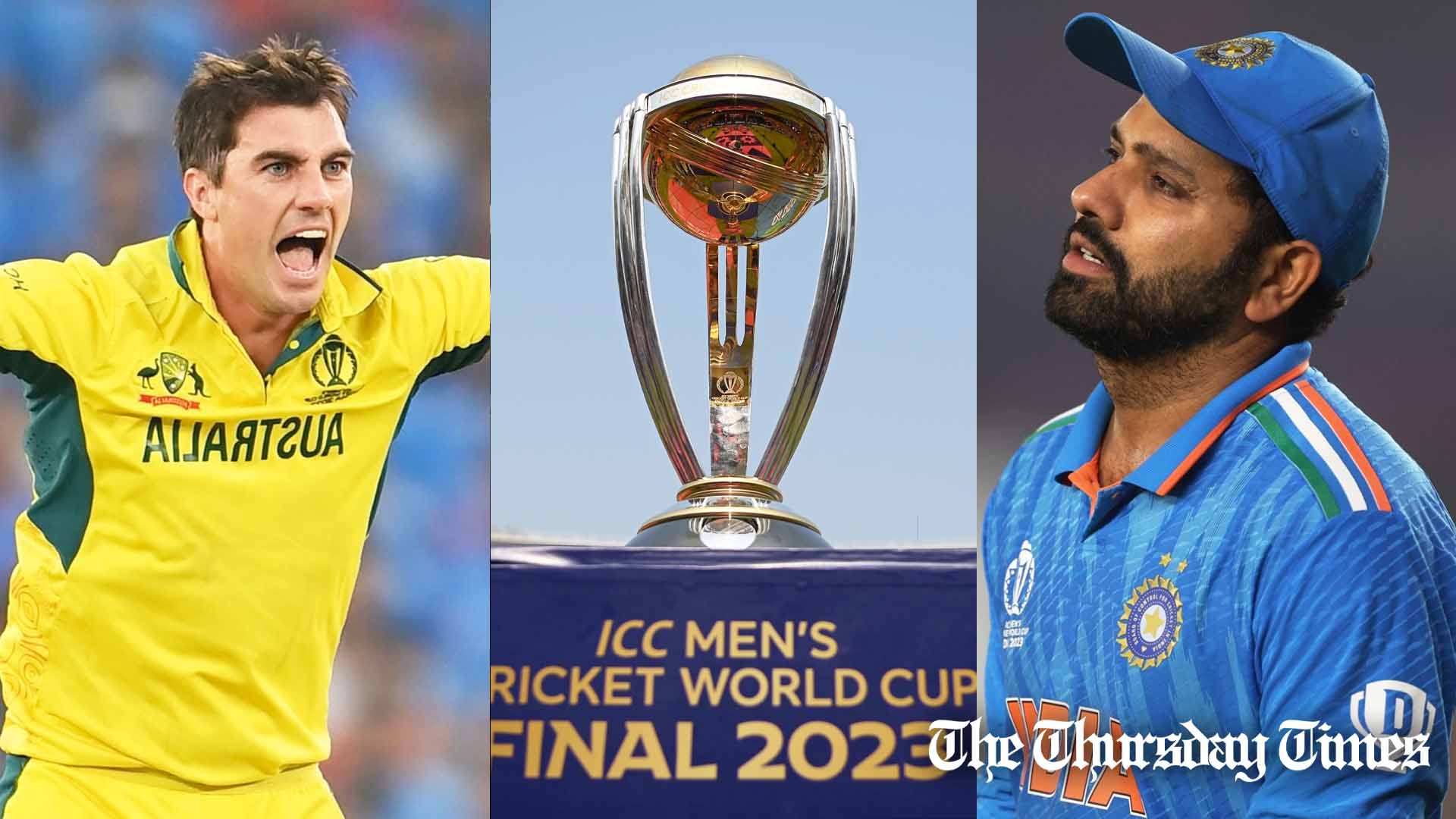 A combined file photo is shown of Australian Men's Cricket captain Pat Cummins (L), the ICC Men's Cricket World Cup 2023 trophy (C), and Indian Men's Cricket captain Rohit Sharma (R) at Narendra Modi Stadium in Ahmedabad on November 19, 2023. — FILE/ICC/THE THURSDAY TIMES