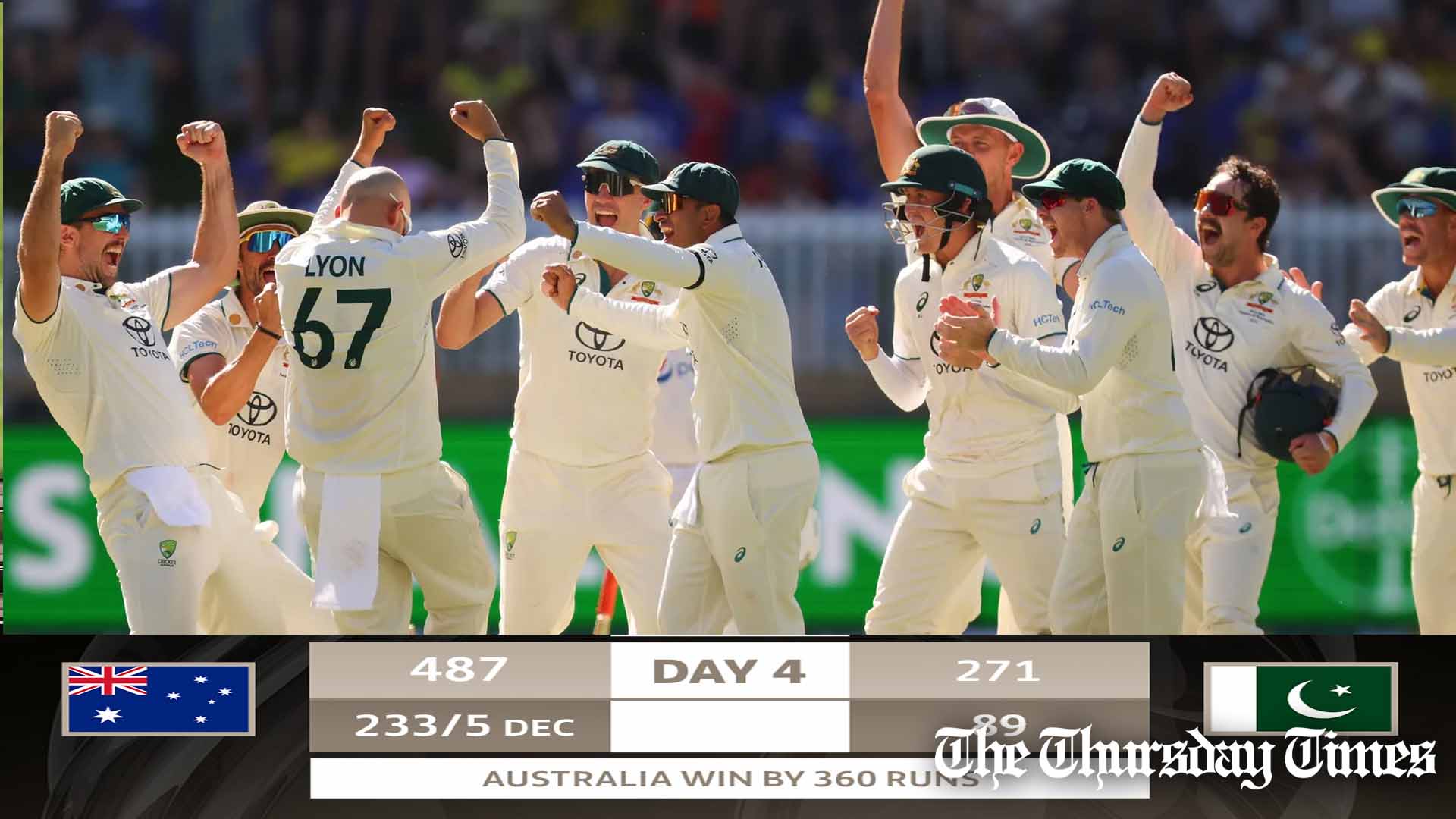 A file photo of Australian Men's Cricket team celebrating at Perth during first test match against Pakistan on December 17, 2023. — FILE THE THURSDAY TIMES