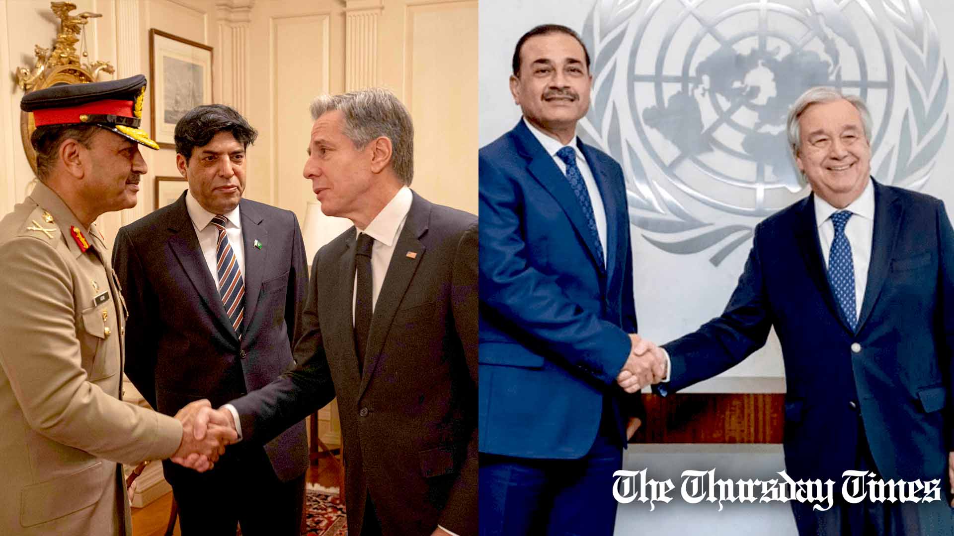 Combined file photos are shown of COAS Gen Asim Munir meeting with U.S. Secretary of State Anthony Blinken (L) and UN Secretary-General António Guterres. — FILE/THE THURSDAY TIMES