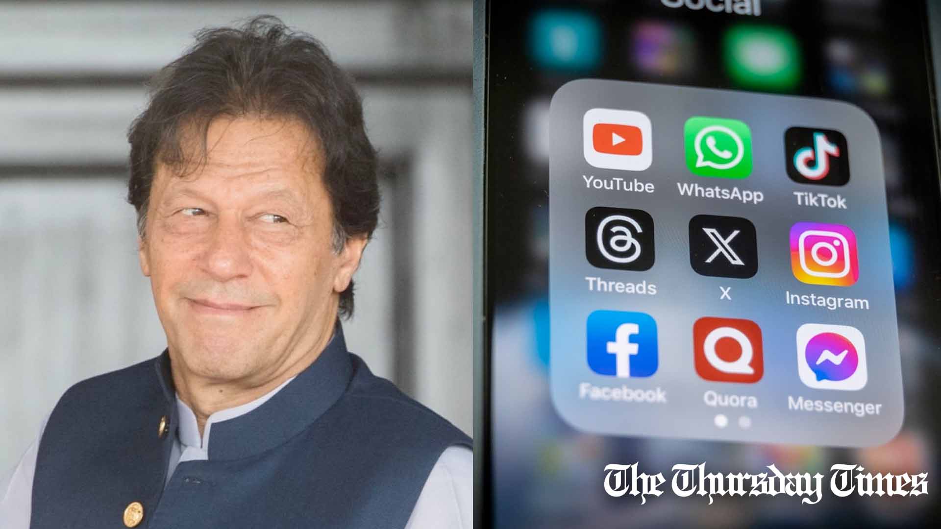 A combined file photo is shown of former Pakistani prime minister Imran Khan at Islamabad on October 15, 2019 (L) and a range of social media apps (R). — FILE/THE THURSDAY TIMES