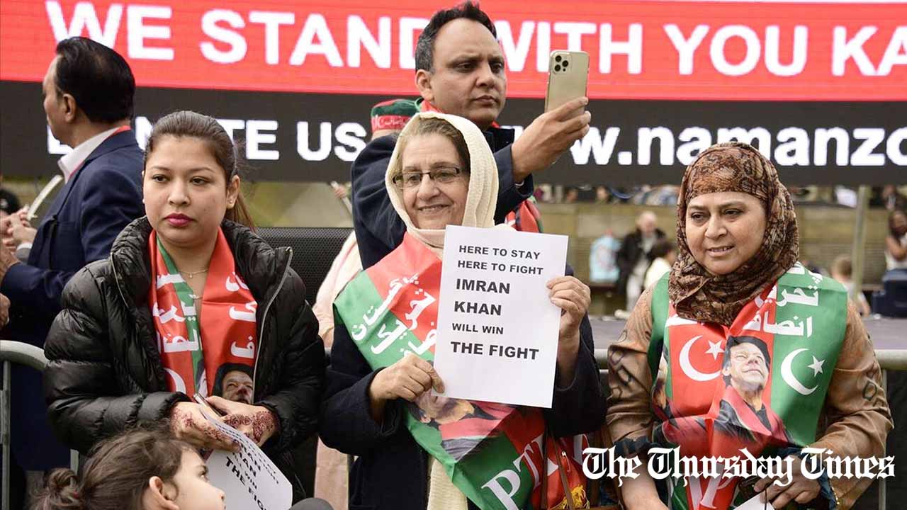 Supporters of Imran Khan gather at Manchester's Piccadilly Gardens on May 7, 2022. — FILE