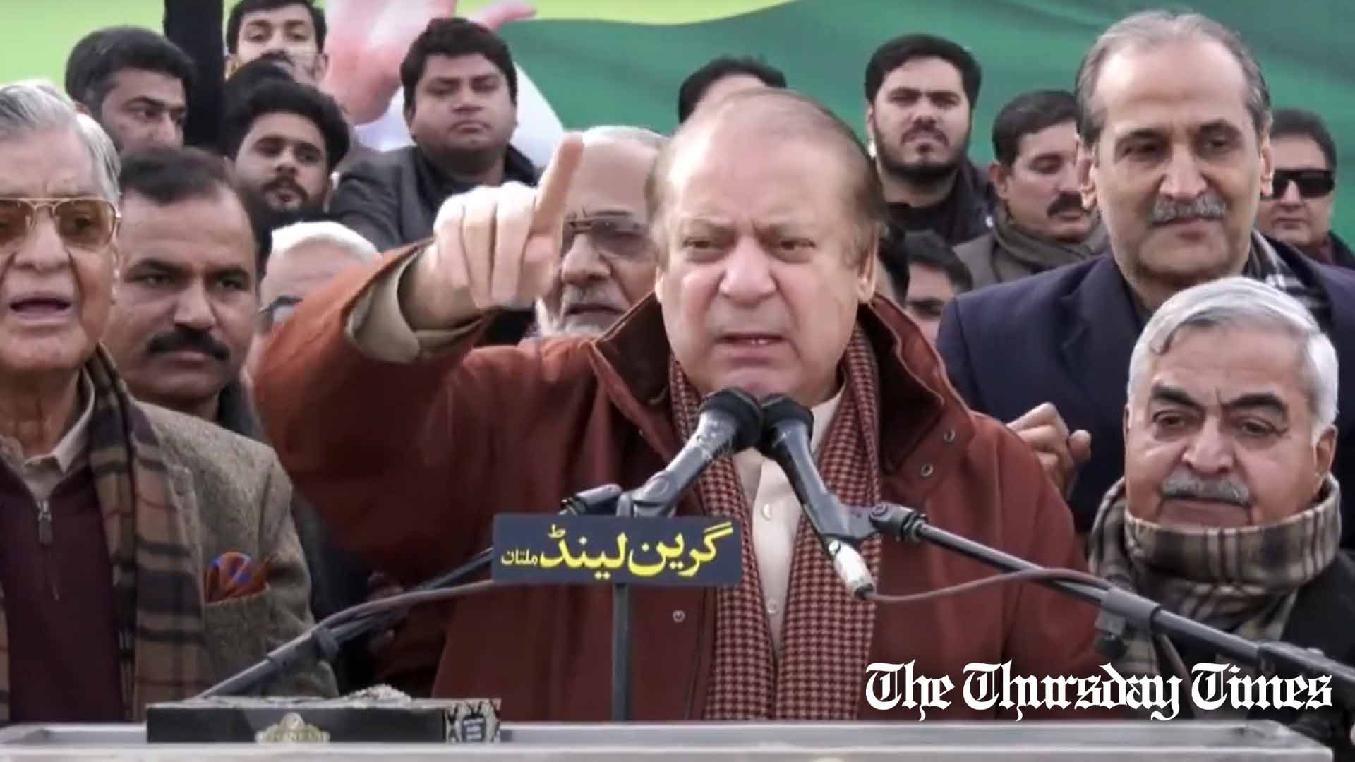 A file photo is shown of PML(N) supremo Nawaz Sharif addressing a jalsa at Burewala on January 25, 2024. — FILE/THE THURSDAY TIMES