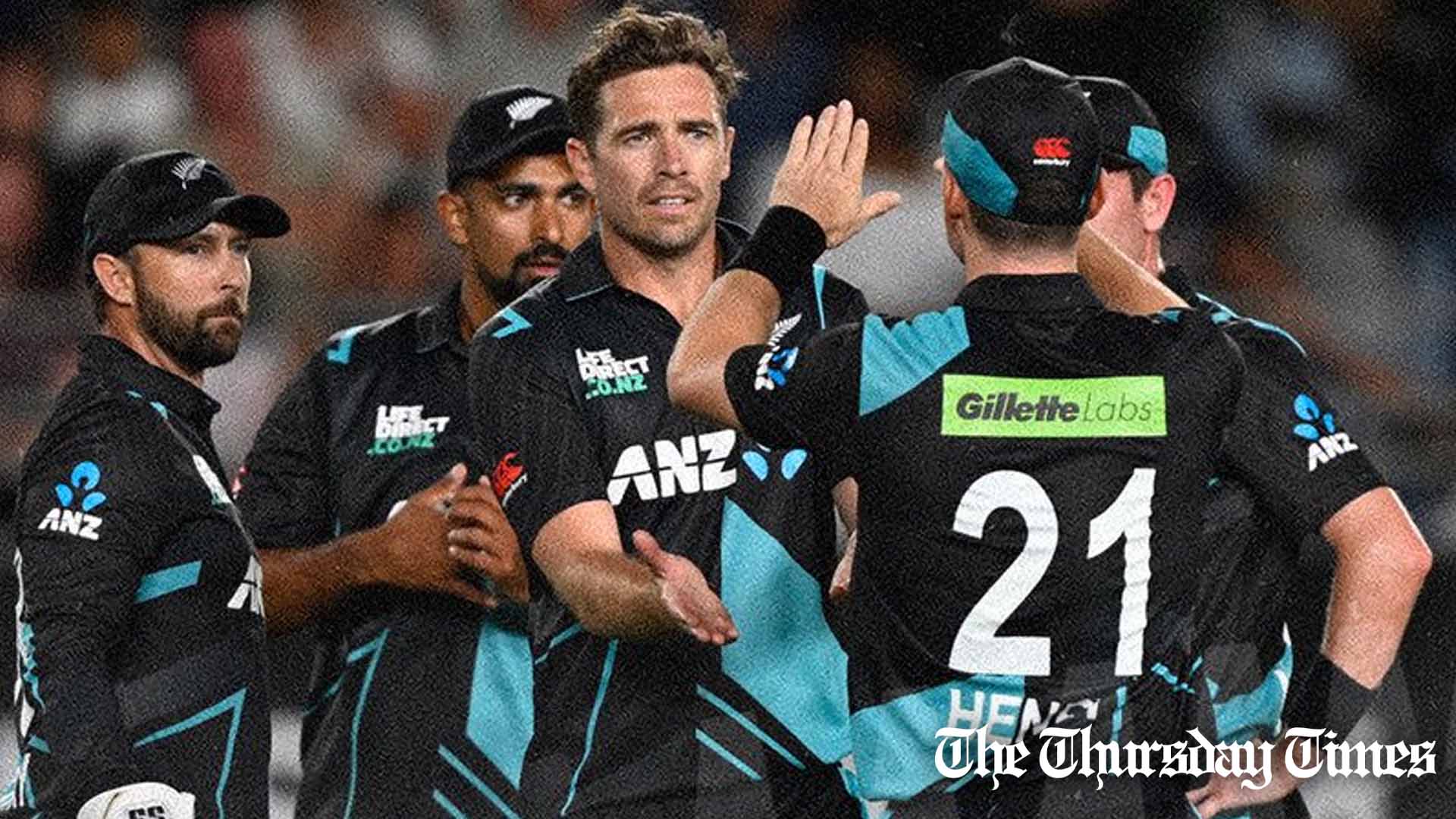 A file photo of New Zealand Men's Cricket team celebrating at Auckland during first T20 cricket match against Pakistan on January 12, 2024. — FILE THE THURSDAY TIMES