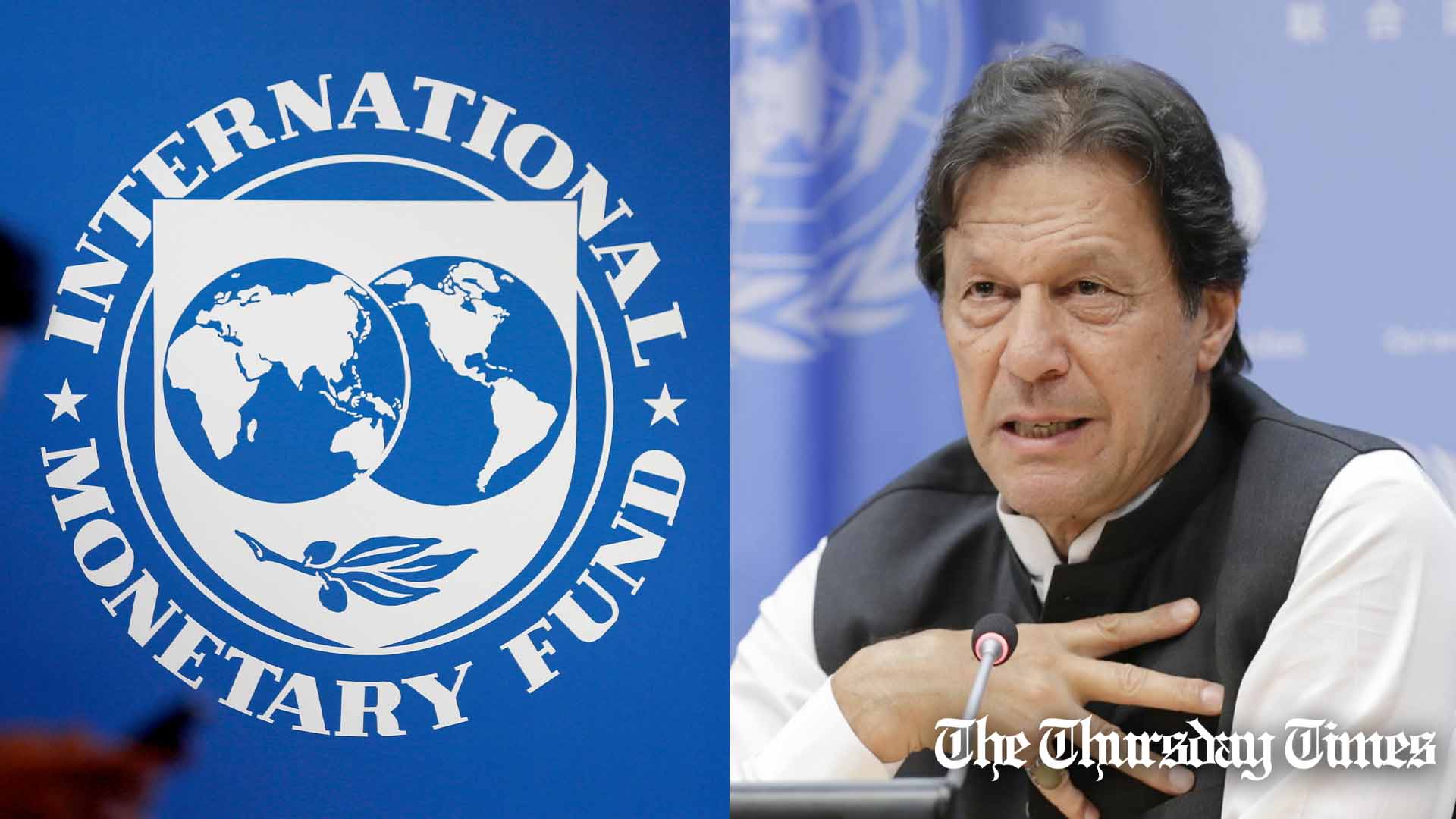 A file photo is shown of former PTI supremo Imran Khan (R) at New York and the IMF emblem (L). — FILE/THE THURSDAY TIMES
