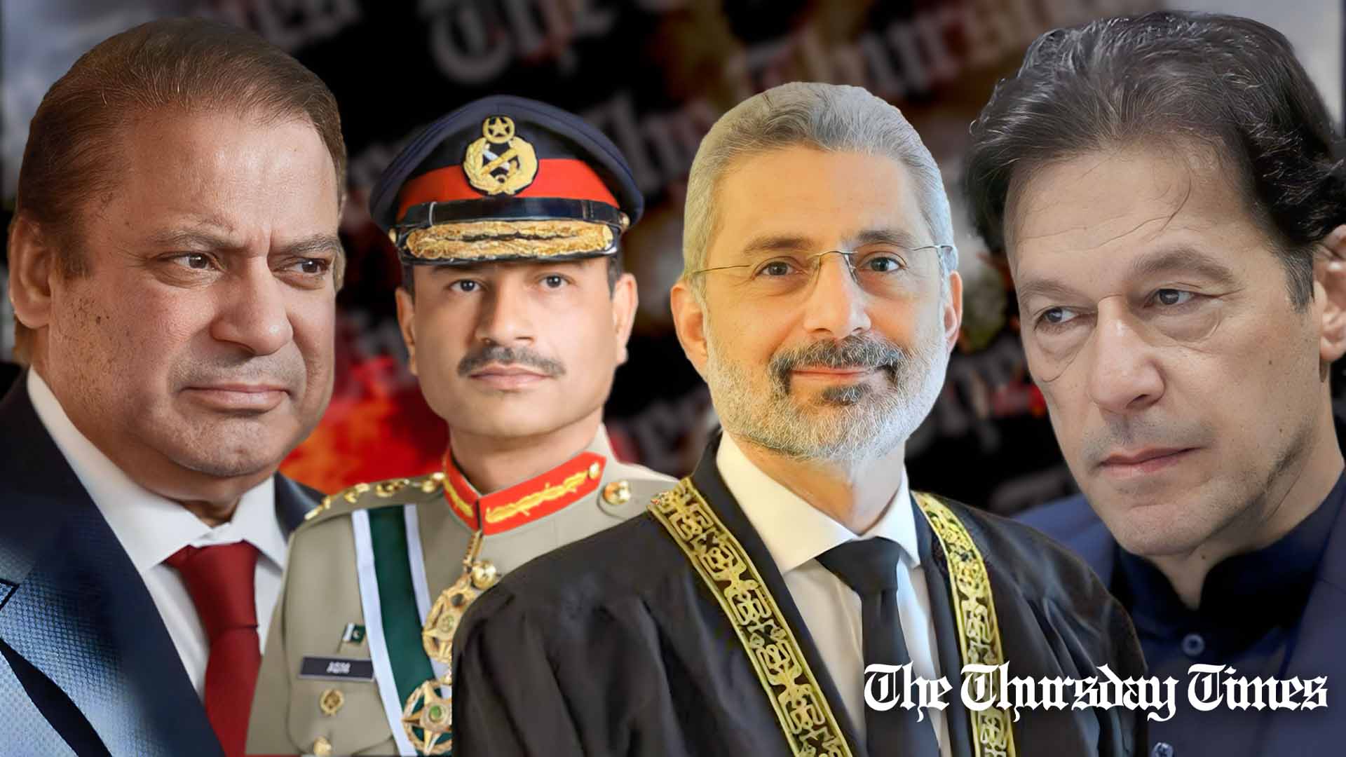 A combined file photo shows, from left to right, PML(N) supremo Nawaz Sharif, incumbent Chief of Army Staff General Asim Munir, incumbent Chief Justice of Pakistan Qazi Faez Isa, and incarcerated PTI founder Imran Khan. — FILE/THE THURSDAY TIMES