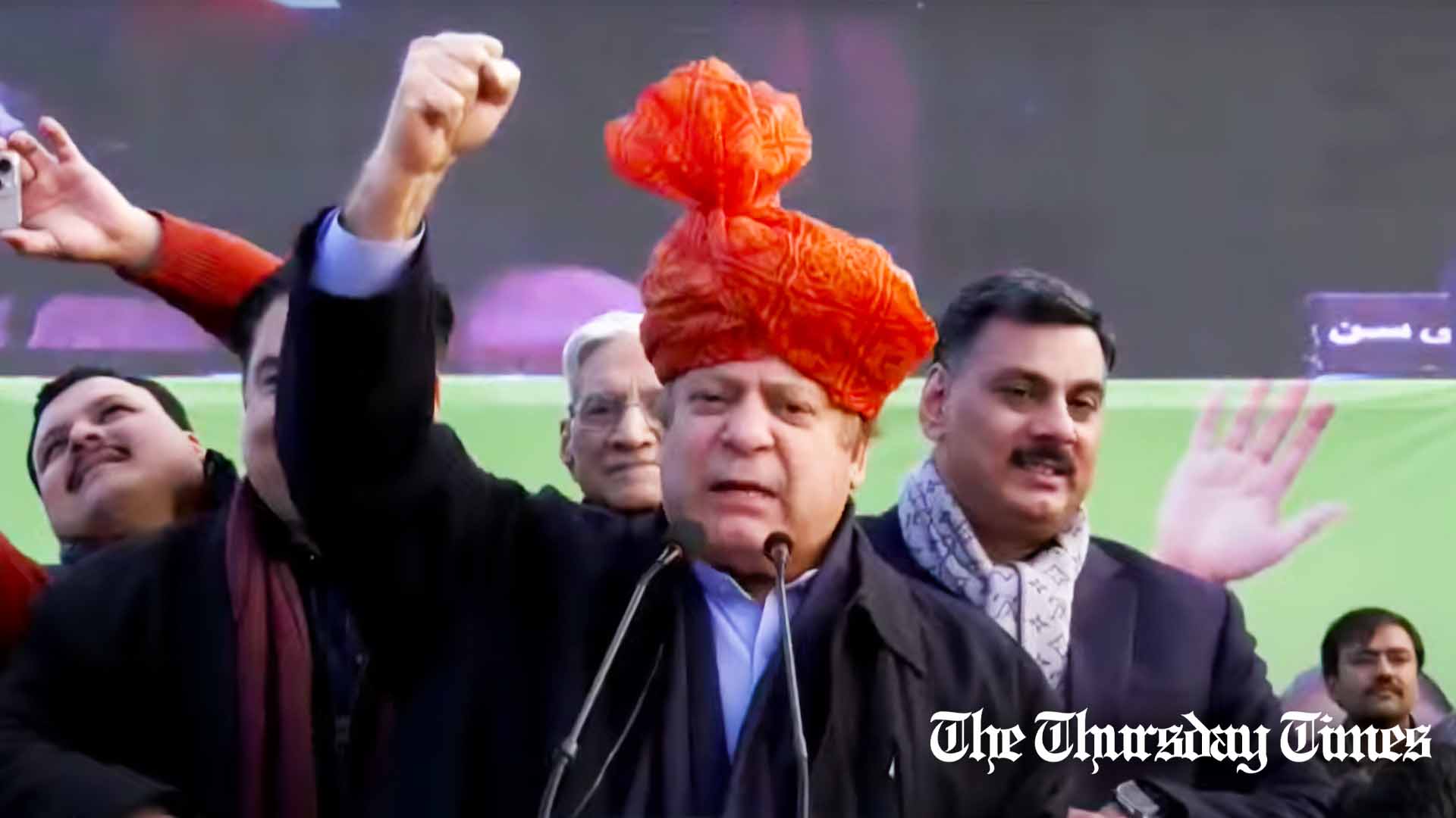A file photo is shown of PML(N) supremo Nawaz Sharif addressing a jalsa at Gujranwala on ٖFebruary 03, 2024. — FILE/THE THURSDAY TIMES