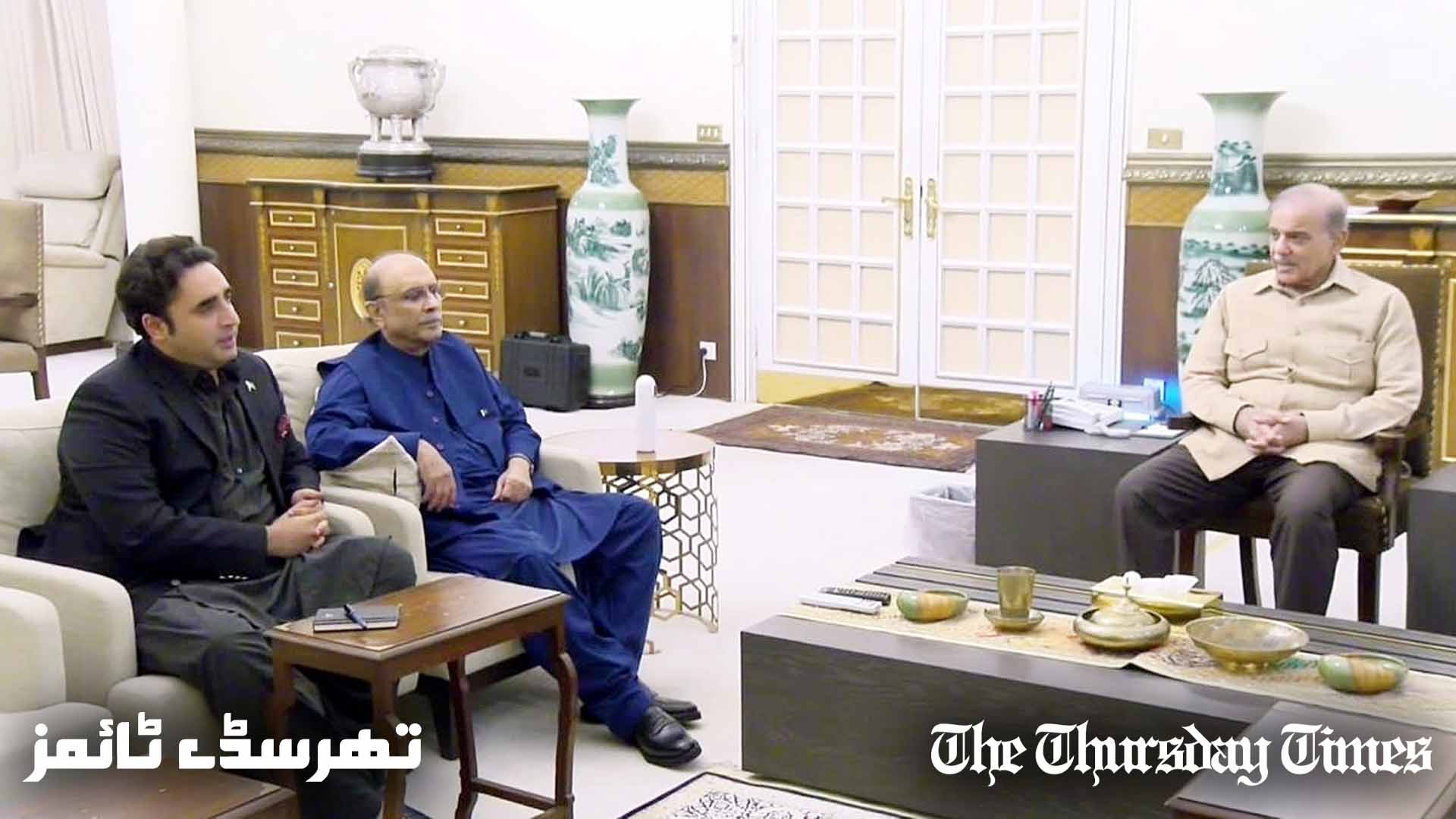 A file photo is shown of PML(N) president Shehbaz Sharif (R) meeting with PPP co-chairs Bilawal Bhutto-Zardari (L) and Asif Ali Zardari (C) at PCB chair Mohsin Naqvi's residence in Lahore on February 10, 2024. — FILE/THE THURSDAY TIMES