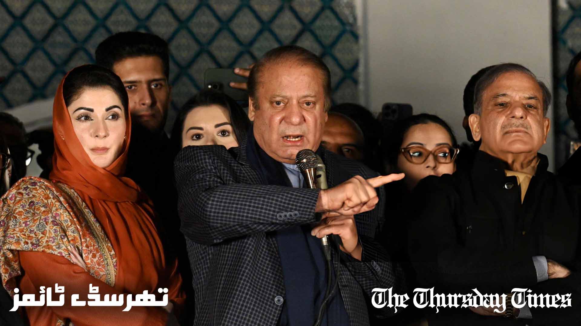 A file photo is shown of former prime minister Nawaz Sharif (C) alongside PML(N) senior vice president Maryam Nawaz (L) and PML(N) president Shehbaz Sharif addressing a gathering of supporters at Lahore on February 9, 2024. — AFP
